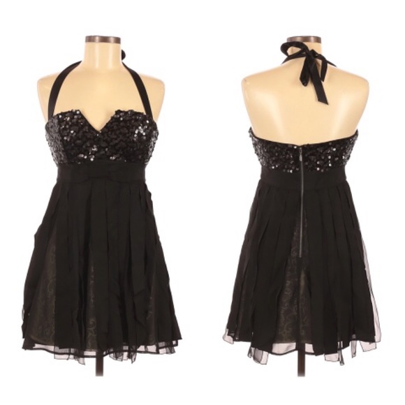 BEBE Sequin Halter CARWASH Fringed LBD Little Black MINI Cocktail DRESS S - Picture 1 of 3